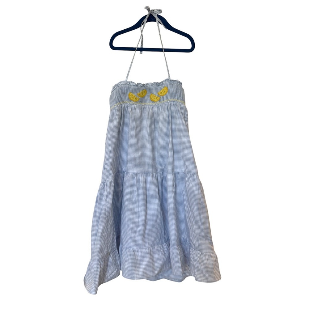 Little English Blue Gingham Halter Dress with Yellow Embroidery
